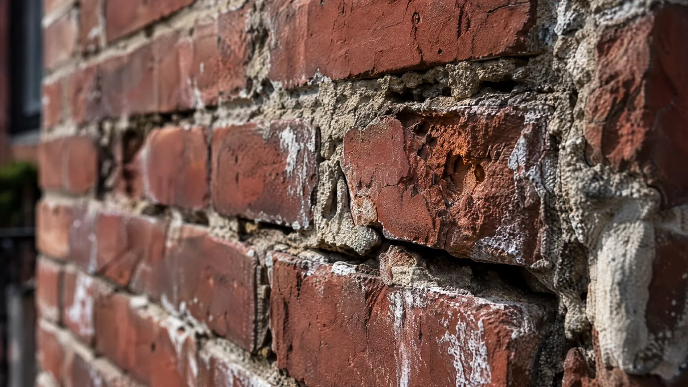 Close-up of eroded mortar joints and white efflorescence on old Brooklyn brick wall