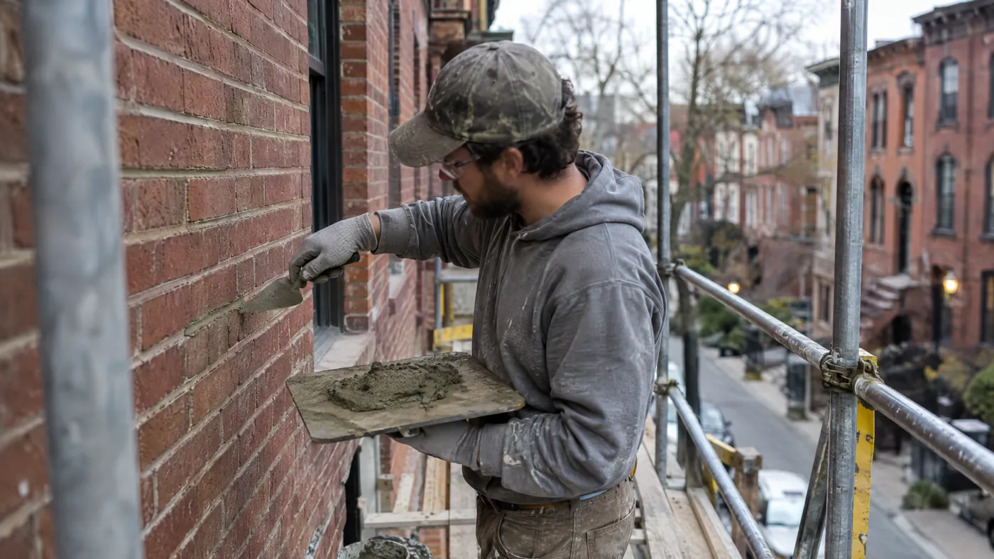 Mason repointing brick joints with a pointing trowel on a Brooklyn rowhouse