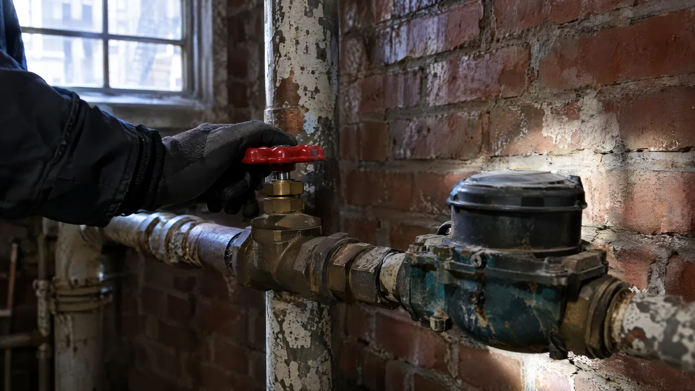 Hand turning a main water shut-off valve near a meter in a Bronx basement