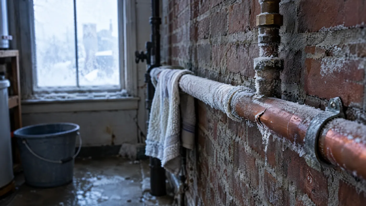 Frozen and split copper pipe along an exterior wall in a Bronx home in winter