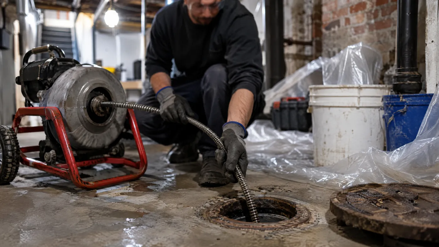 Plumber running a drain machine through a basement cleanout in the Bronx
