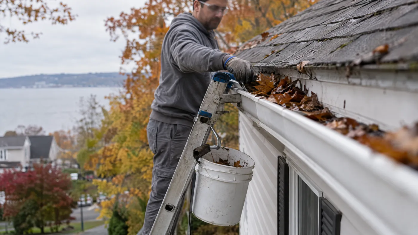Worker on a stabilized ladder clearing wet leaves from a gutter on a Staten Island house