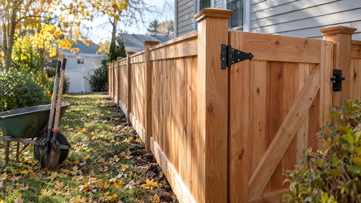 New cedar wood fence and gate along a backyard of a Staten Island home in fall