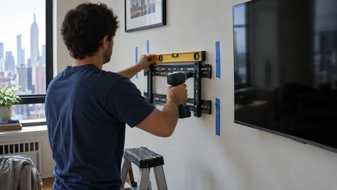 Handyman mounting a flat-screen TV on a plaster wall in a Manhattan apartment