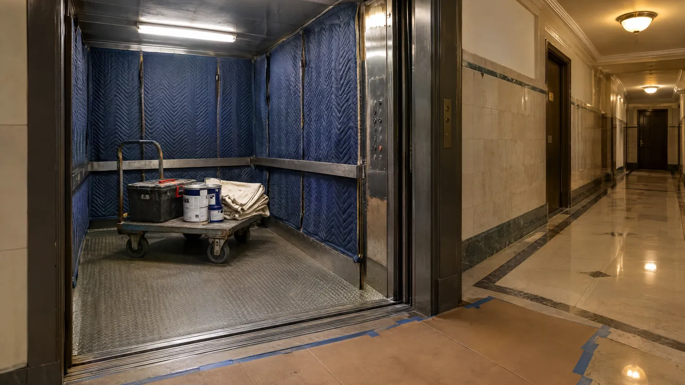 Freight elevator with protective padding and floor runners in a Manhattan co-op building