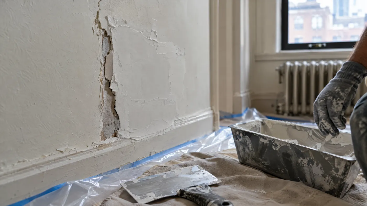 Skim-coated plaster wall being repaired before painting in a Manhattan prewar apartment