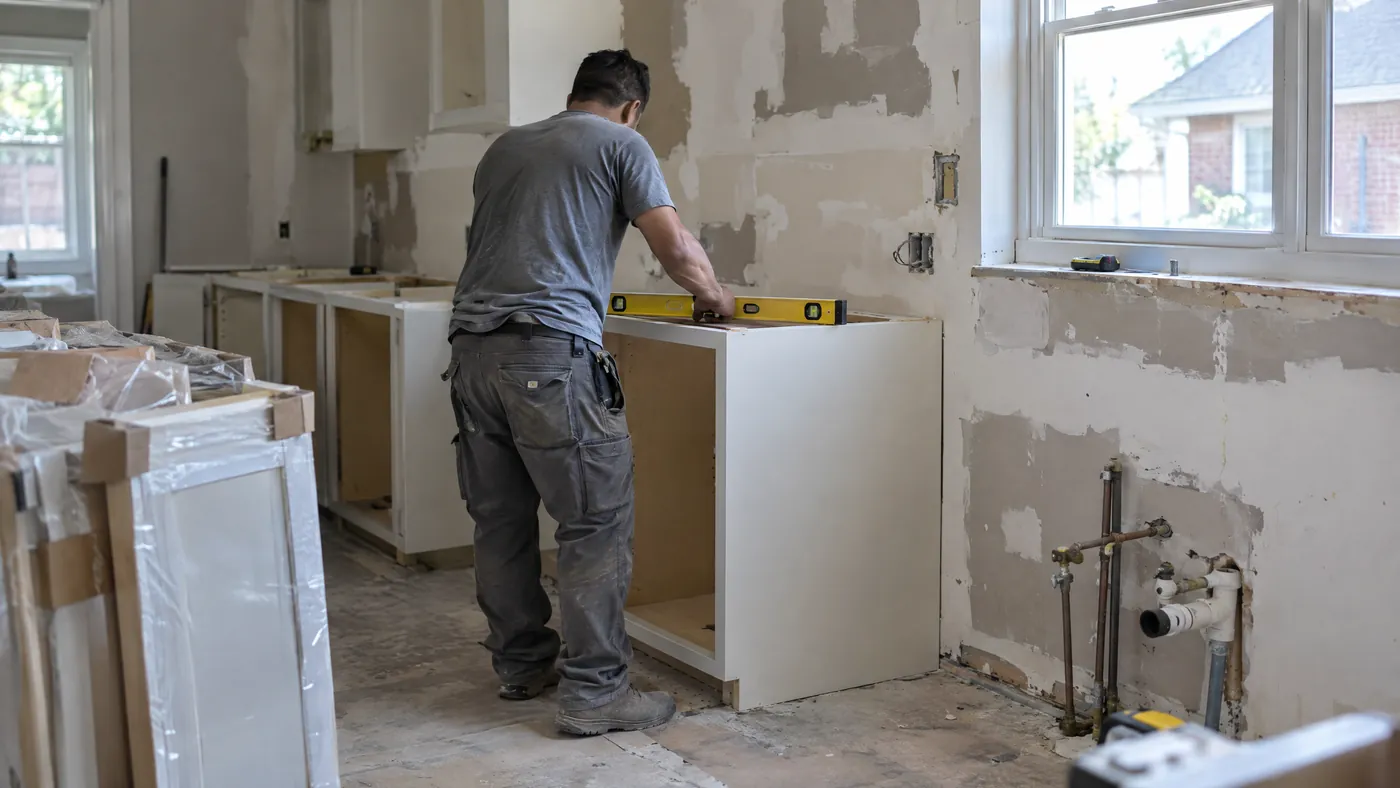 Kitchen cabinet boxes being installed during a Queens kitchen remodel