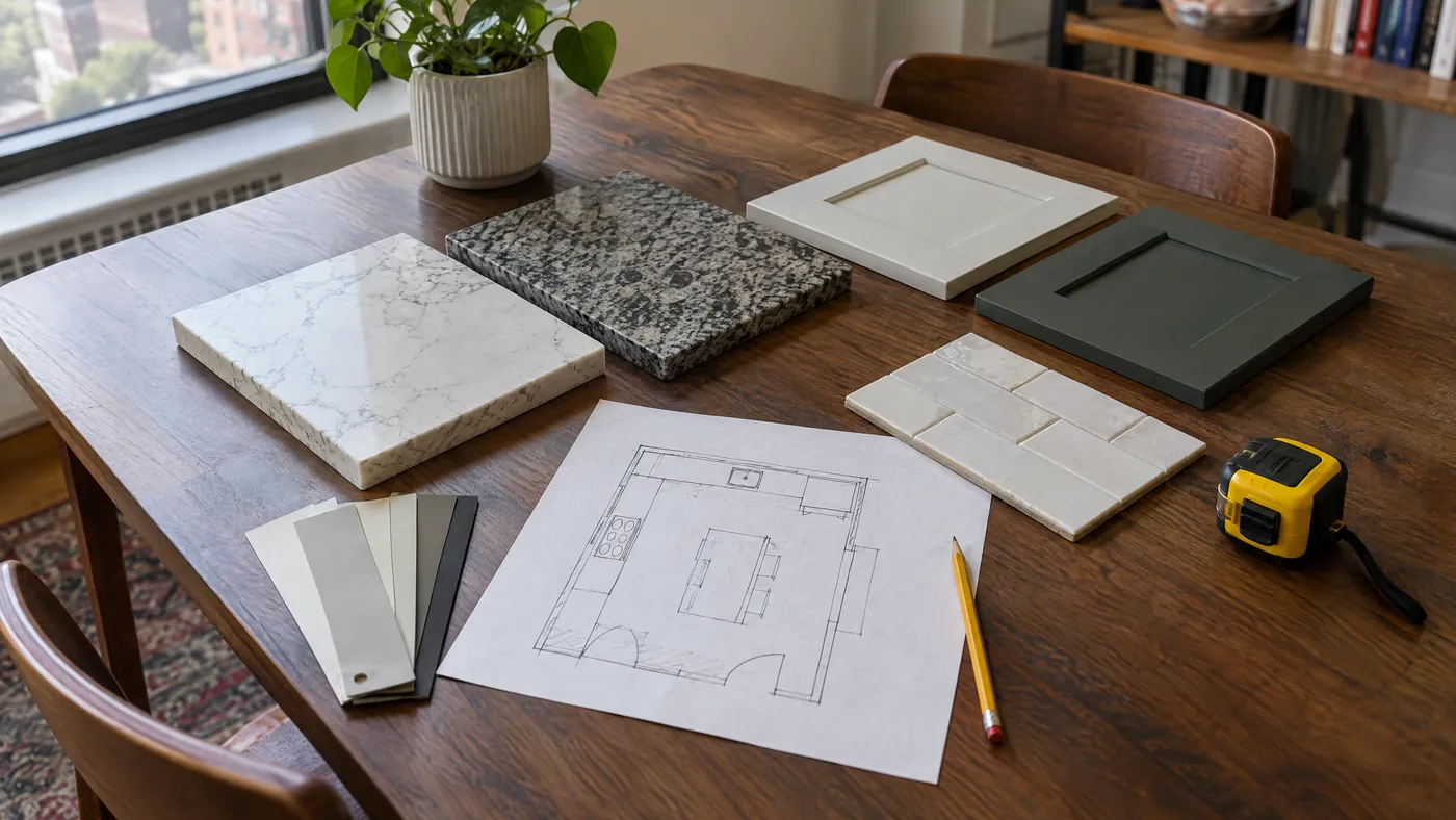 Countertop and cabinet samples on a table for planning a kitchen remodel in Queens