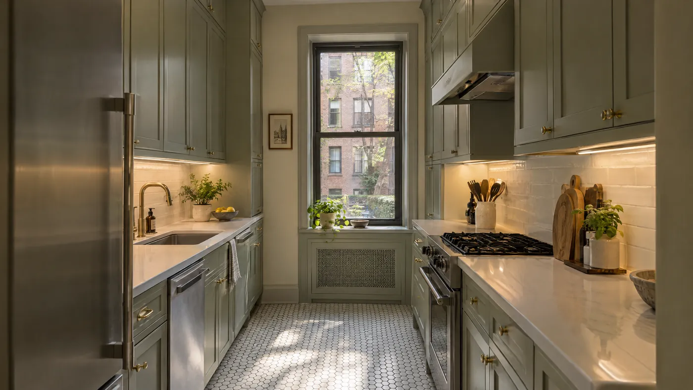 Compact galley kitchen in a Forest Hills co-op after a remodel