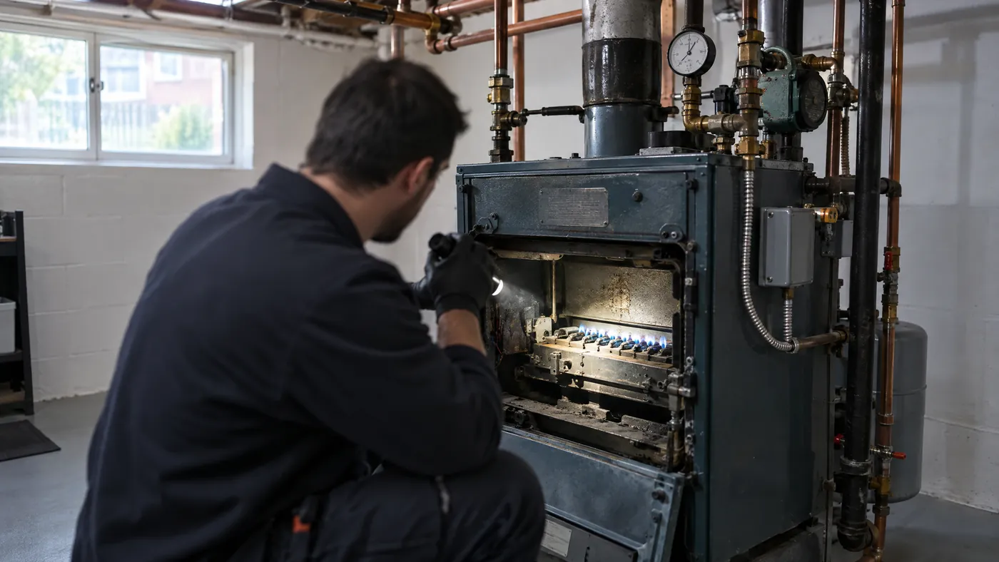 Technician in gloves inspecting a gas boiler in a Queens two-family house basement