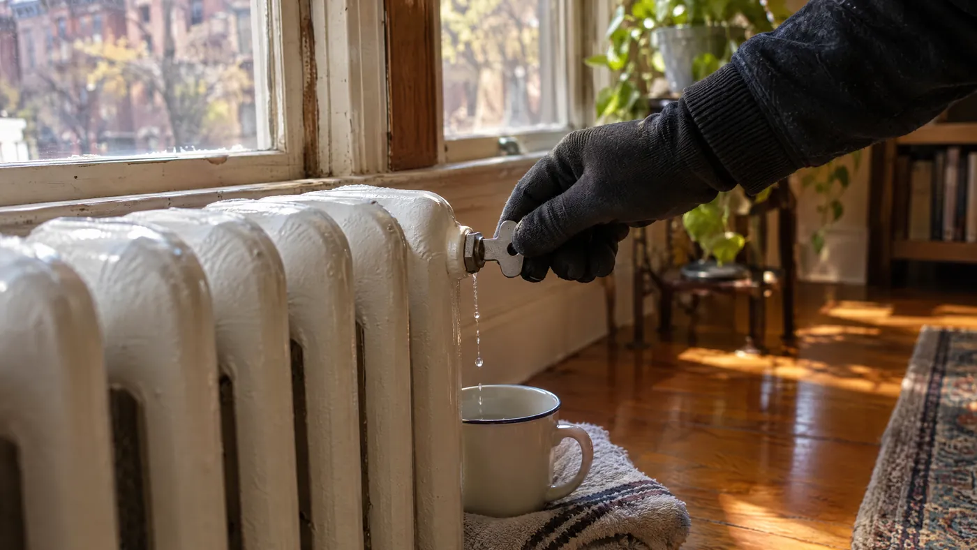 Hand bleeding a hot-water radiator with a key in a Brooklyn apartment