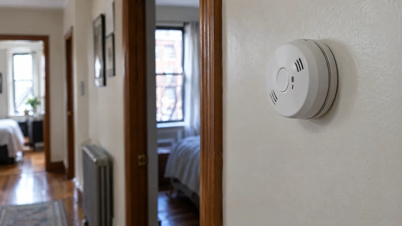 Carbon monoxide alarm mounted on a hallway wall in a Bronx apartment