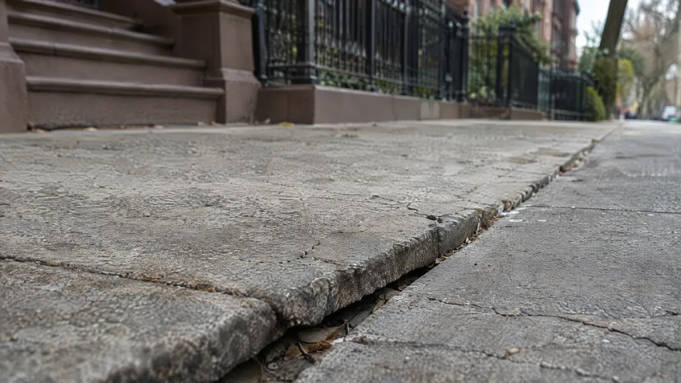 Close-up of a raised sidewalk flag creating a trip hazard on a Brooklyn block