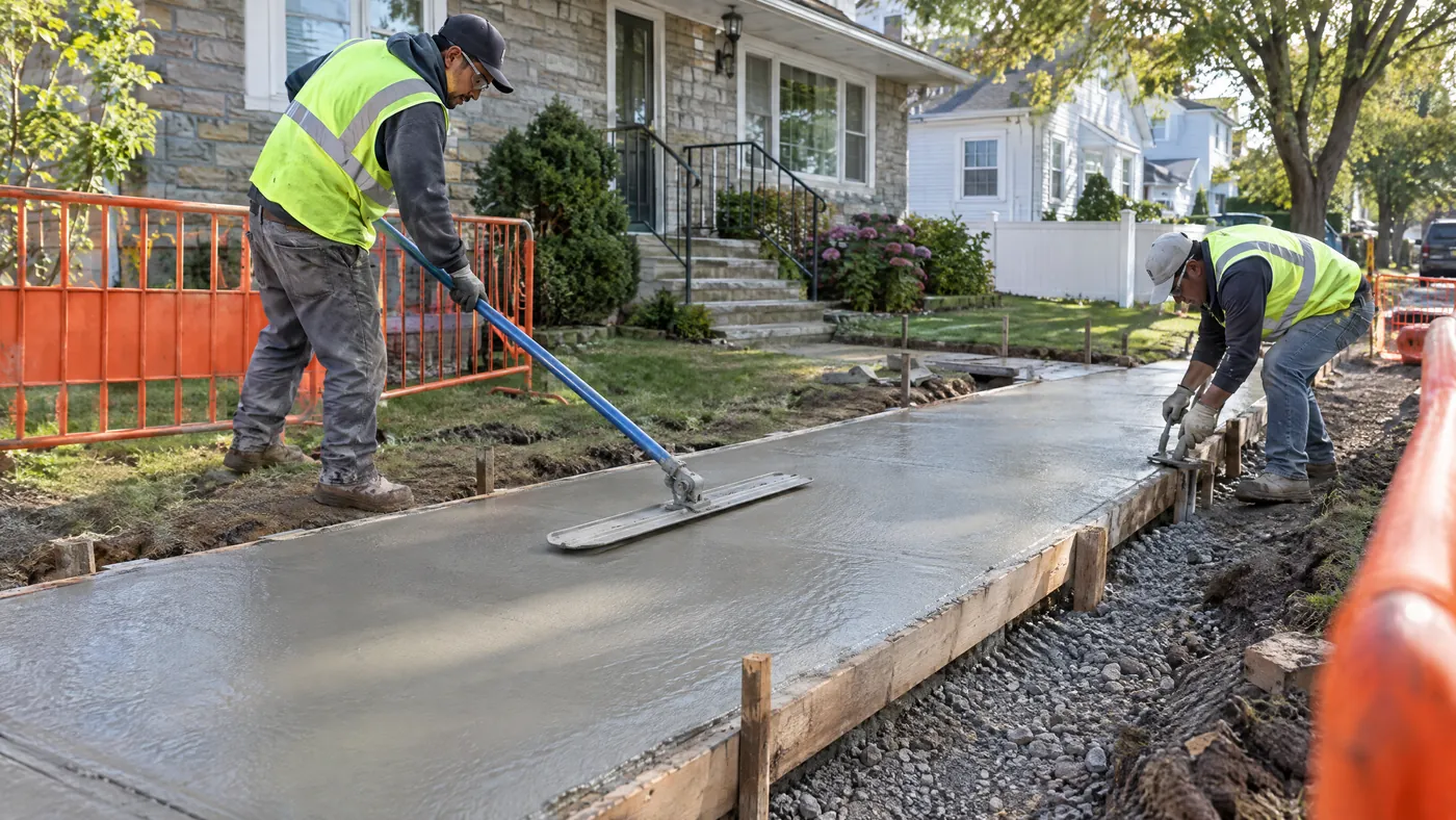 Workers finishing fresh concrete sidewalk flags inside wooden forms in Staten Island