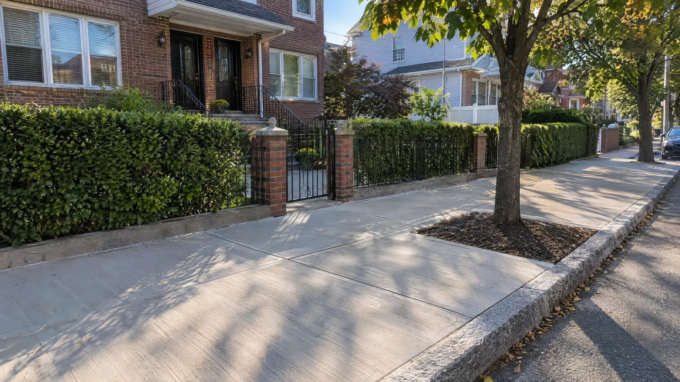Newly replaced concrete sidewalk with clean joints in front of a Queens home