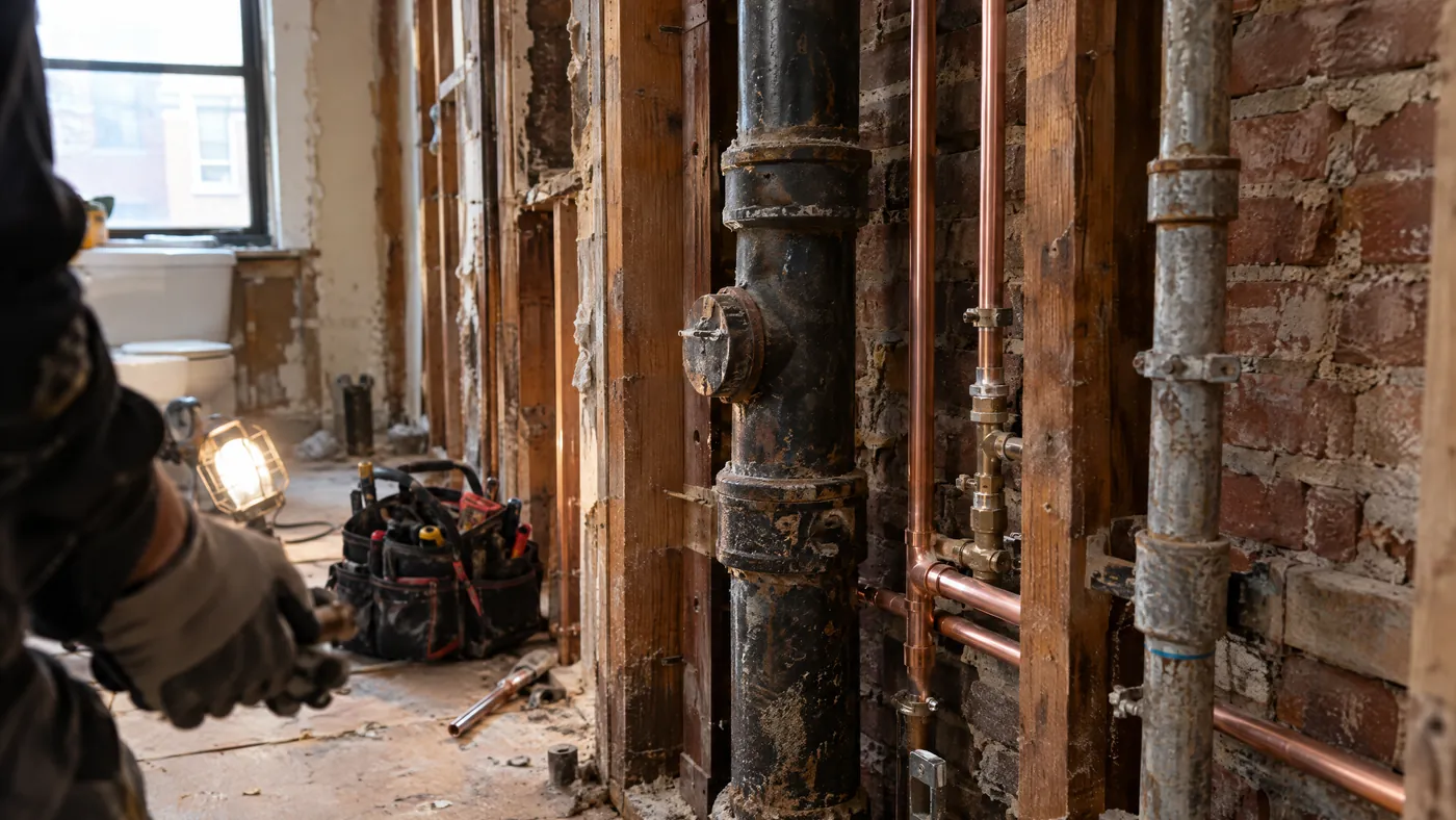 Exposed old cast-iron and galvanized pipes in a gutted Brooklyn rowhouse bathroom wall