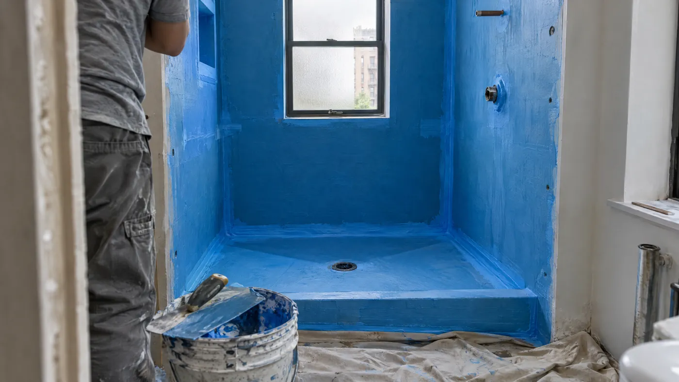 Waterproofing membrane applied to shower walls during a small bathroom remodel in Brooklyn