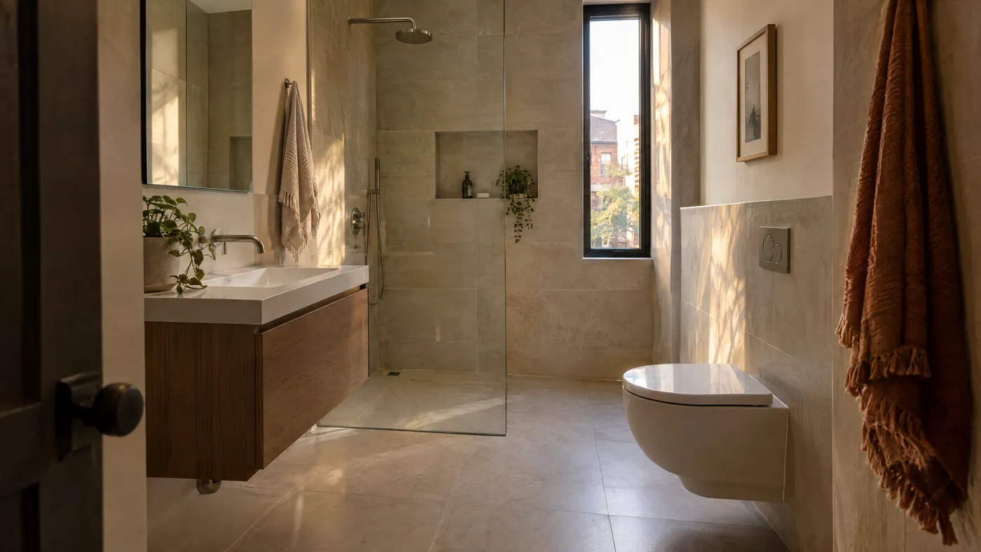 Finished small bathroom in Brooklyn with curbless walk-in shower and wall-hung vanity