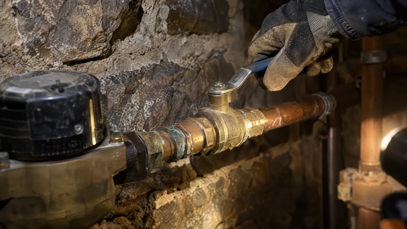 Hand turning a red-handled main water shut-off valve in a Brooklyn basement