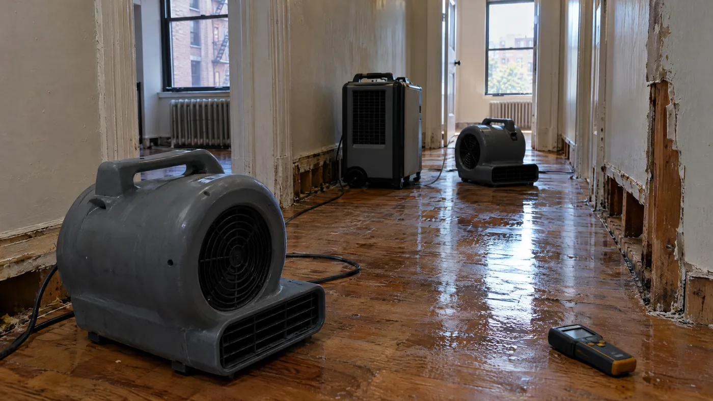 Air movers and a dehumidifier drying a wet floor in a Bronx apartment