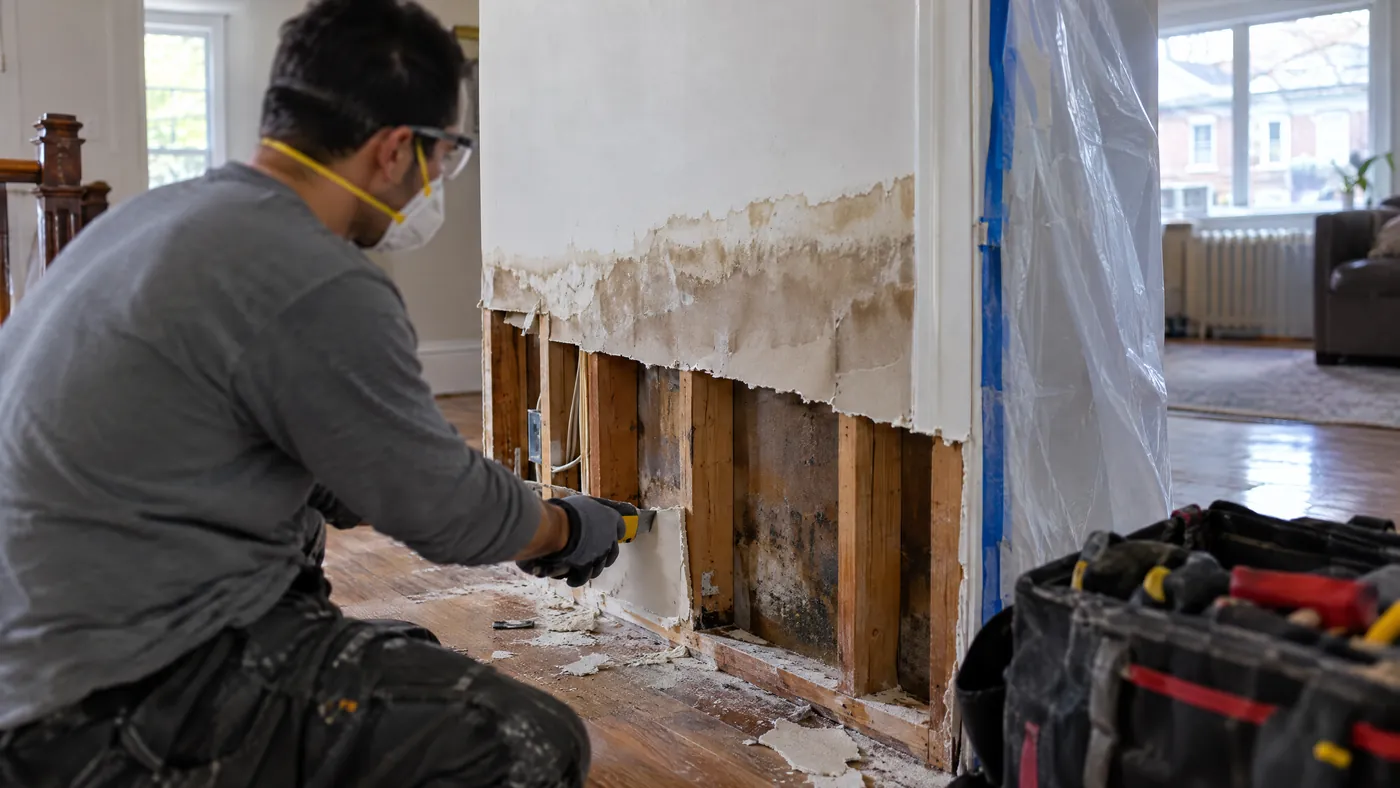 Worker in respirator cutting out water-damaged drywall in a Queens home