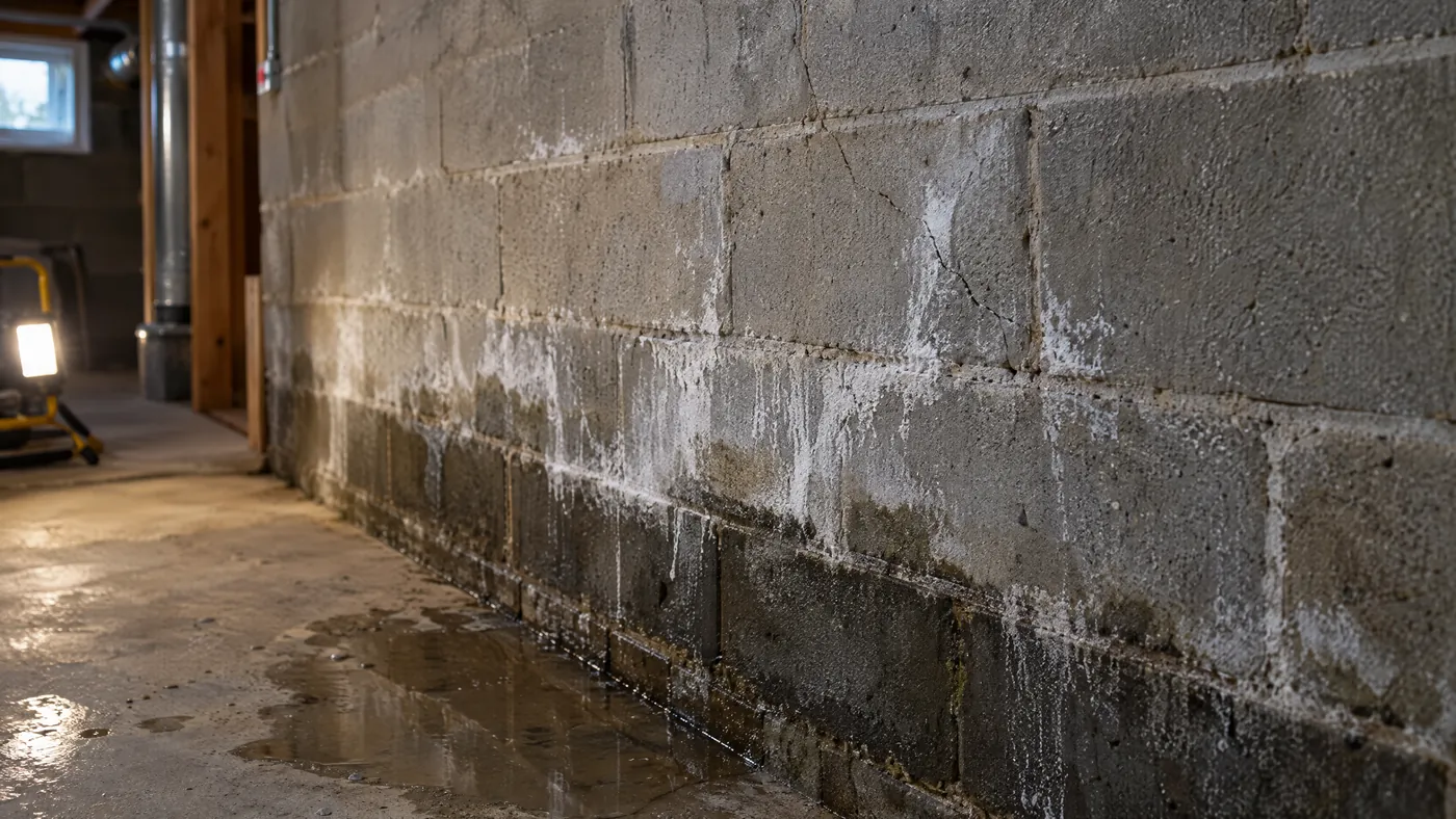 Damp efflorescence and water stain along a concrete block basement wall in Queens