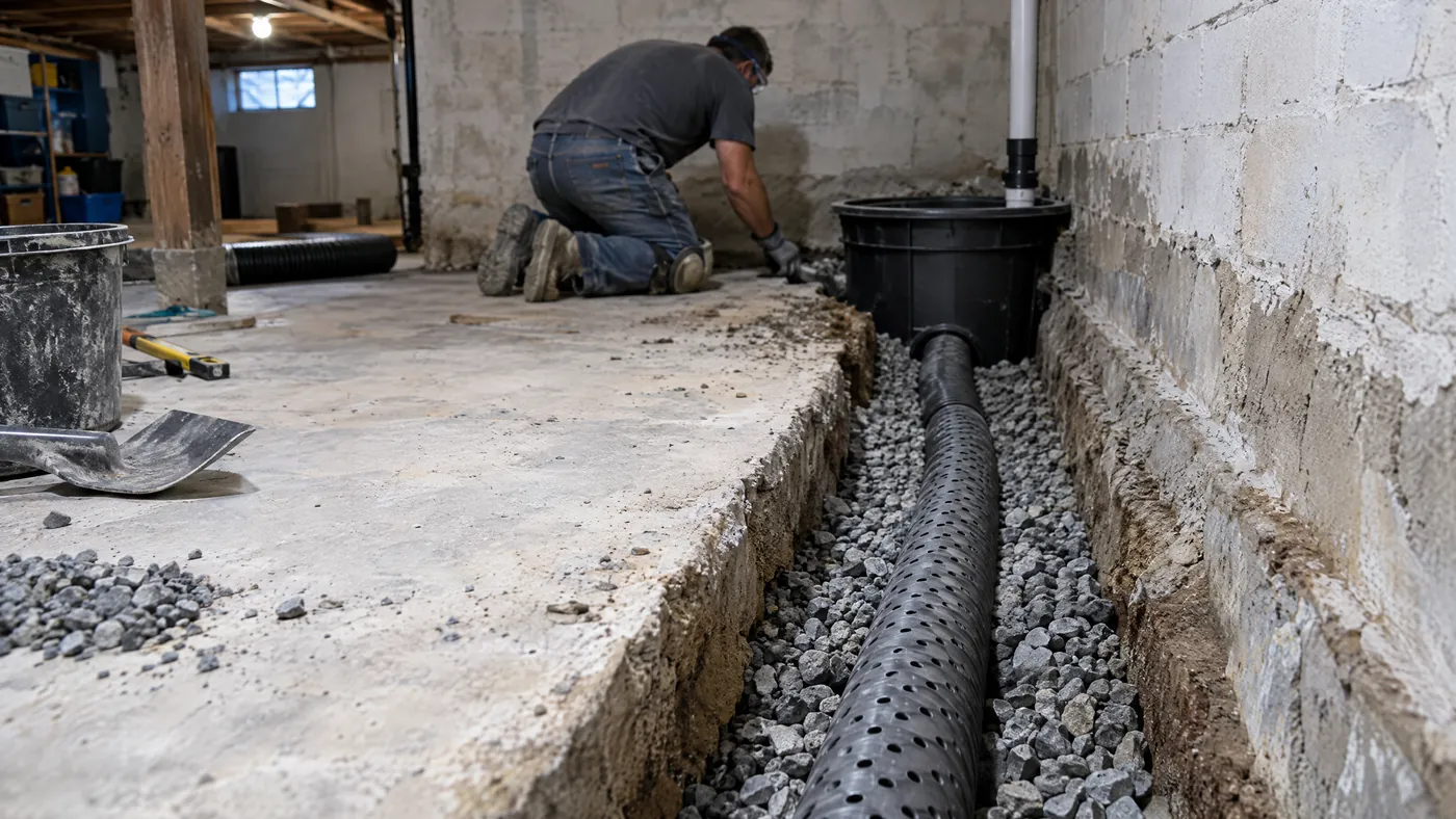 Interior drainage channel and sump pit being installed in a Queens basement